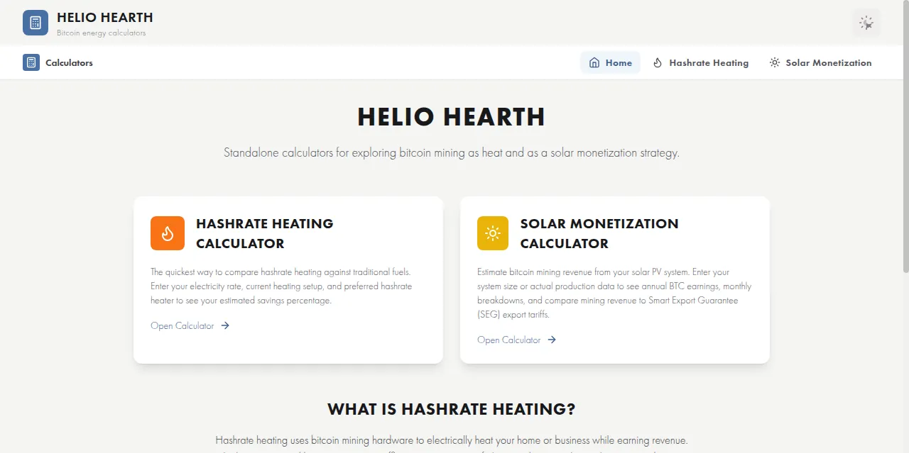 Helio Hearth Bitcoin energy calculators